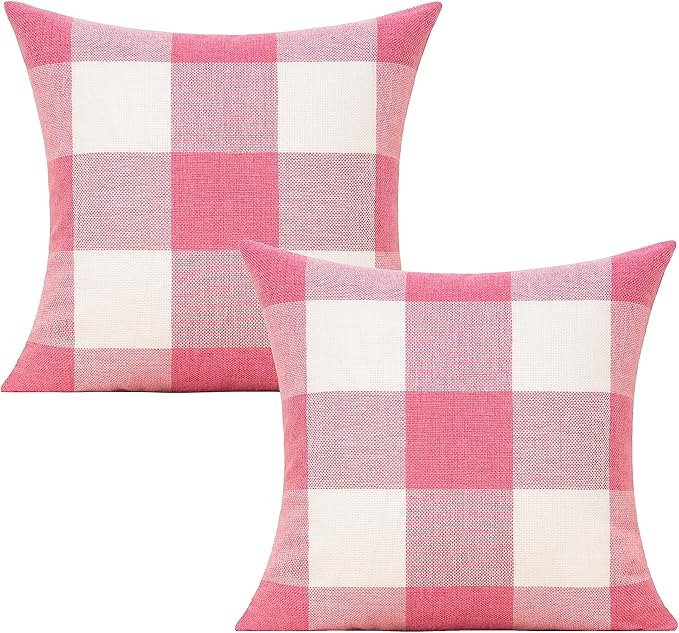 VAKADO Pink White Outdoor Farmhouse Buffalo Plaids Decorative Throw Pillow Covers Retro Checked Square Cushion Cases Classic Coffee Check Home Decor for Couch Sofa Patio 26x26 Inch Pack of 2