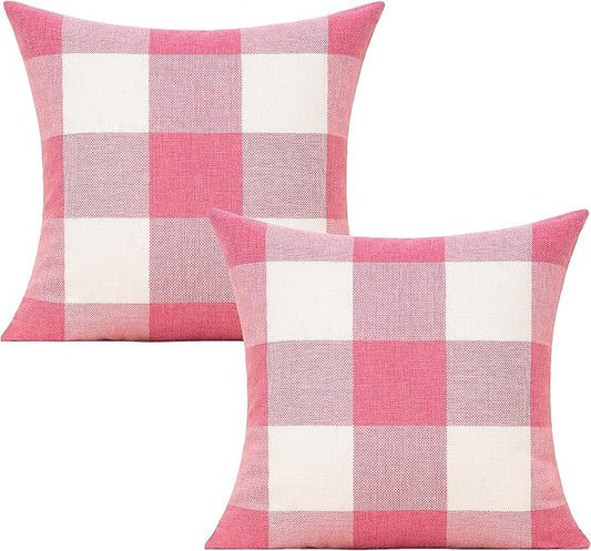 VAKADO Pink White Outdoor Farmhouse Buffalo Plaids Decorative Throw Pillow Covers Retro Checked Square Cushion Cases Classic Coffee Check Home Decor for Couch Sofa Patio 26x26 Inch Pack of 2
