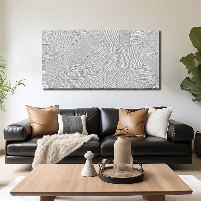 DNIEOTU Abstract Textured Canvas Wall Art for Living Room, White Wall-Decor for Bedroom, Modern Minimalist Geometric Paintings for Hallway Office, Size 47 x 24 Inches Hand Painted