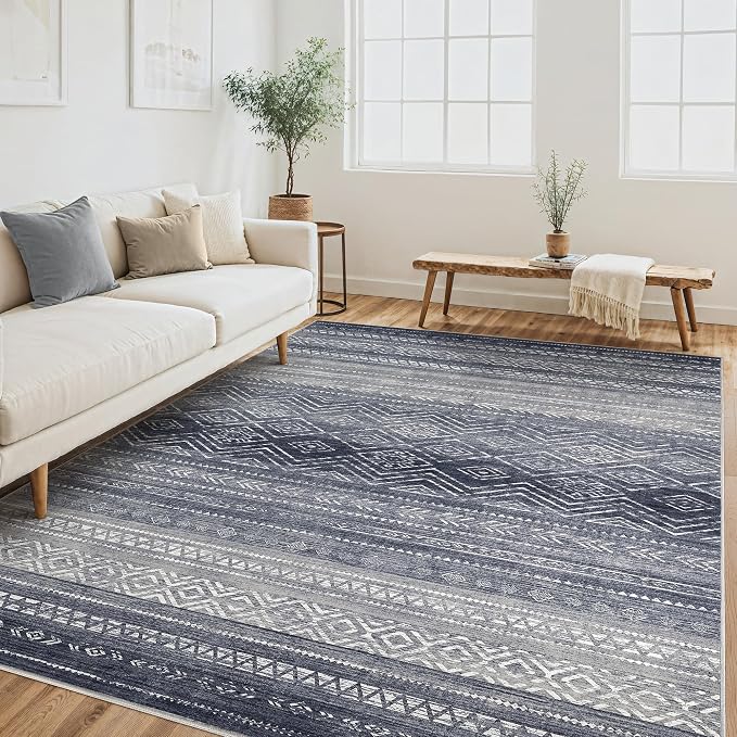 Tortania Area Rug Living Room Rugs- 5x7 Washable Large Soft Neutral Boho Moroccan Bohemian Farmhouse Rug Indoor Floor Carpet for Bedroom Under Dining Table Home Office Decor - Blue Gray