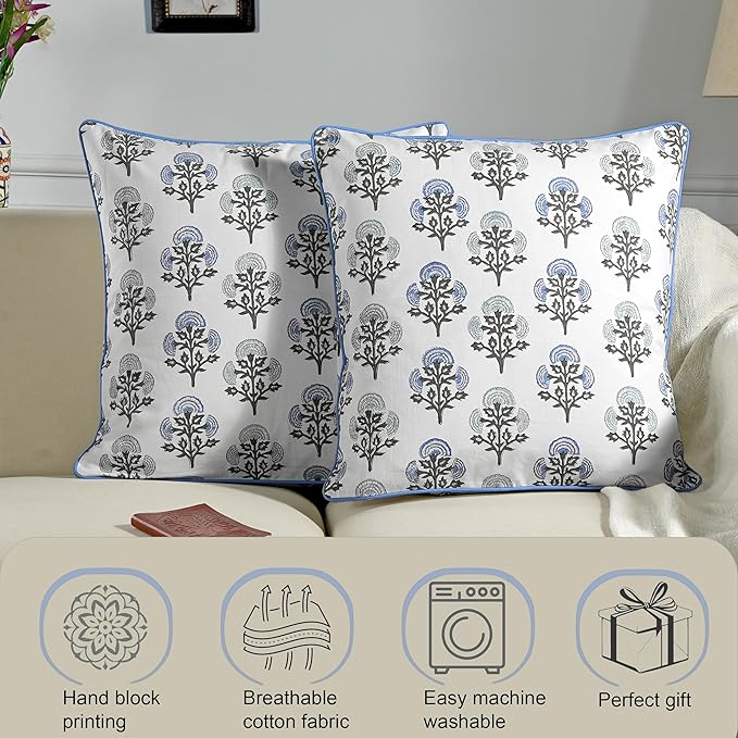 Ridhi Block Print Mughal Buta Blue Pillow Cover 18" x 18" (Pack of 2) Decorative Couch Pillows for Living Room, Chic Boho Cute Outdoor Pillows Covers Gifts for Spring, Easter and Valentine