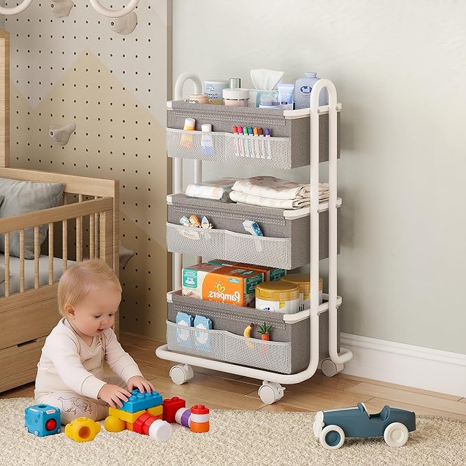 3-Tier Baby Diaper Caddy Organizer Cart, Mobile Nursery Storage Carts with Wheels, 3 Dividers & 6 Mesh Pockets Durable Metal Utility Cart for Nursery, Bedroom, Bathroom, Baby Essentials Organization