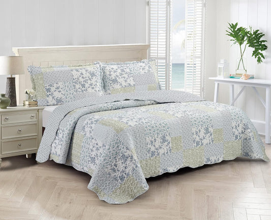 Brilliant Sunshine Multi Blue and Beige Floral Patchwork, 3-Piece Quilt Set with 2 Shams, Reversible Bedspread, Soft Lightweight Coverlet, All-Season, King, Blue White
