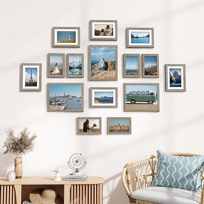 Vittanly 15 Pack Picture Frames Collage Wall Decor for Mounting or Tabletop Display, Gallery Frame Set for Family, Multi Sizes Including 3pcs 8x10, 6pcs 5x7, 6pcs 4x6, Grayish Brown