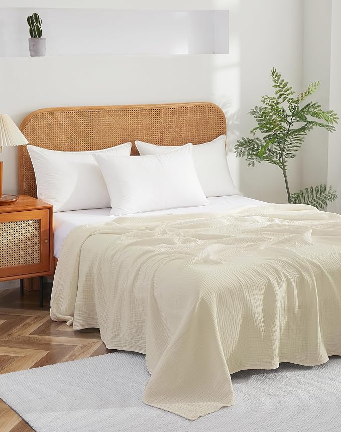 100% Cotton Muslin Queen Blanket (90" x 90") – A Luxuriously Soft, 4-Layer Lightweight and Breathable Gauze Blanket, Perfect for Year-Round use on beds, couches (Ivory, Queen)