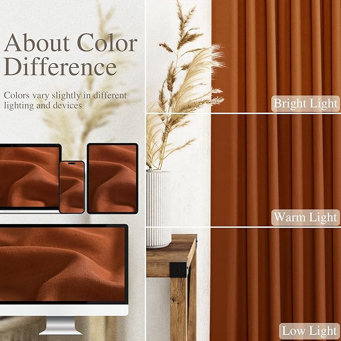 Nanspring Rust Linen Curtains 63 Inch Length for Living Room Light Filtering Semi Sheer Curtain Back Tab and Rod Pocket Vintage Rustic Luxury Home Decor Drapes for Bedroom Office 52x63, 2 Panels