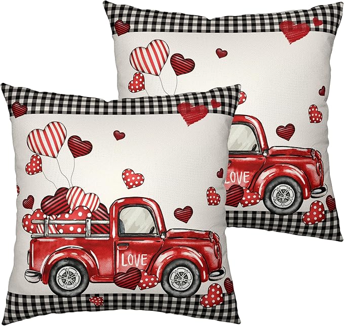 Valentines Throw Pillow Covers 20x20 Valentines Day Red Truck Pillow Covers Pack of 2 Heart Balloon Black Buffalo Plaid Decoarative Pillow Case for Home Outdoor Deocr Couch
