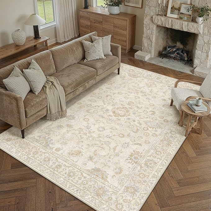 10x14 Beige Washable Area Rug for Living Room Bedroom Neutral Soft Floral Non Slip Large Throw Rug Lightweight Vintage Low Pile Distressed Carpet Office Playroom Dining Room Home Decor