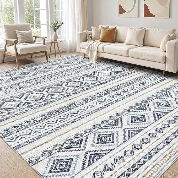 cotiled 12x15 Area Rug Living Room: Washable Boho Rugs with Non Slip Backing Large Soft Indoor Stain Resistant Carpet for Bedroom Farmhouse Dining Room Lightweight Home Decor Blue