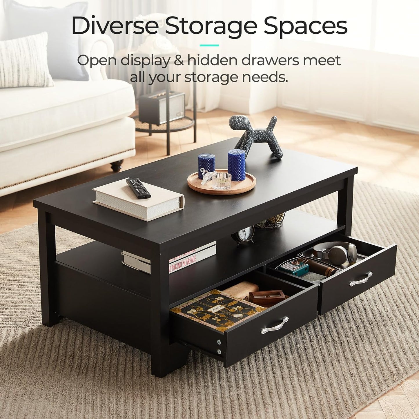 LINSY HOME Farmhouse Coffee Table with Storage, Wood Coffee Table for Living Room, Open Display Area and Storage Drawers with Metal Handles, Chic Style with Curved Base, Black