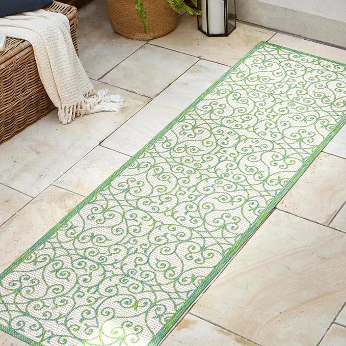 JONATHAN Y Vintage Filigree Indoor Outdoor Runner Rug 2X8 Cream/Green, Madrid Textured Weave for Backyard, Patio, Porch, Easy-Cleaning, High Traffic, Pet-Friendly, Non-Shedding (SMB107J-28)