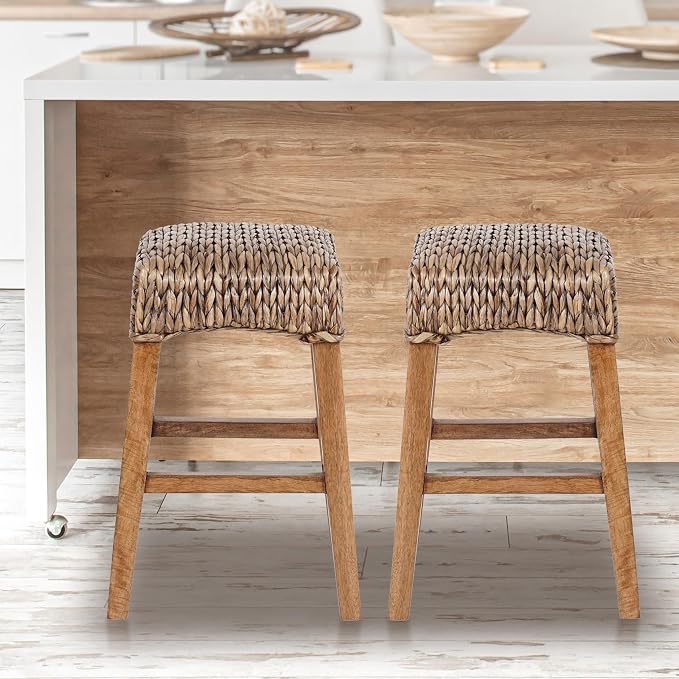 JONATHAN Y Maui Coastal Woven Water Hyacinth Counter Stool, Mango Wood Frame, 26" Backless Counter Stool for Kitchen Island with Integrated Footrest, Fully Assembled, Coastal, Brown Wash CSL1101A