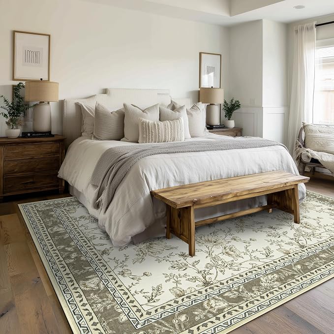 Boho Dining Room Rugs for Under Table 7x9 Washable Taupe Cream Beige Tan Floral Design Sketch Style Area Rug for Living Room, Low Pile Non-Slip for Bedroom Under Bed Aesthetic Boho Farmhouse Decor