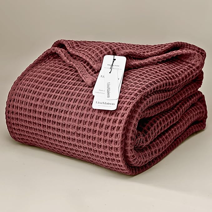 Premium Waffle Throw Blanket California King Size Red - 100% Turkish Cotton, Light and Airy Waffle Weave All-Season Quilt - Luxury Decorative Bedspread (Dark Red, 95" x 126" Inch)