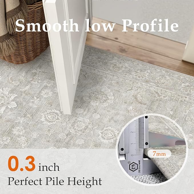 3x5 Grey Washable Area Rug for Entryway Neutral Floral Soft Non Slip Carpet Low Pile Distressed Door Mat for Bathroom Bedroom Entrance Living Room