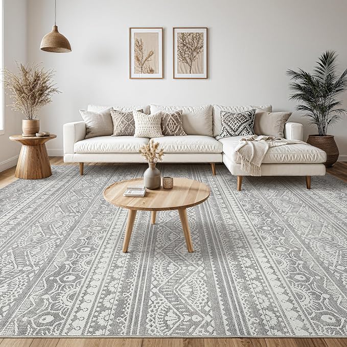 Tortania Area Rug Living Room Rugs - 9x12 Washable Large Soft Neutral Boho Moroccan Bohemian Farmhouse Rug Indoor Floor Carpet for Bedroom Under Dining Table Home Office Decor - Neutral Grey