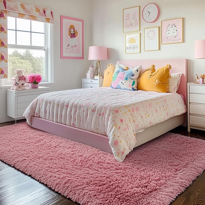 PAGISOFE Shaggy Fluffy Area Rugs Carpets for Girls Room Baby Nursery Teens Rooms 4x6 Feet Pink Plush Fuzzy Shag Rugs for Kids Bedroom Home Decor Aesthetic Coral Furry Rug, Blush