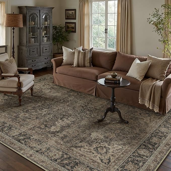 4x6 Washable Area Rug Brown Vintage Non Slip Soft Low Pile Rug for Entryway Kitchen Bathroom Distressed Oriental Throw Carpet for Living Room Bedroom Home Decor