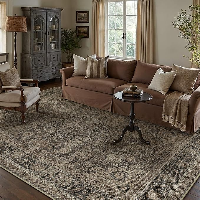 6x9 Washable Area Rug Brown Vintage Non Slip Soft Low Pile Rug for Living Room Bedroom Dining Room Office Distressed Oriental Indoor Throw Carpet for Home Decor