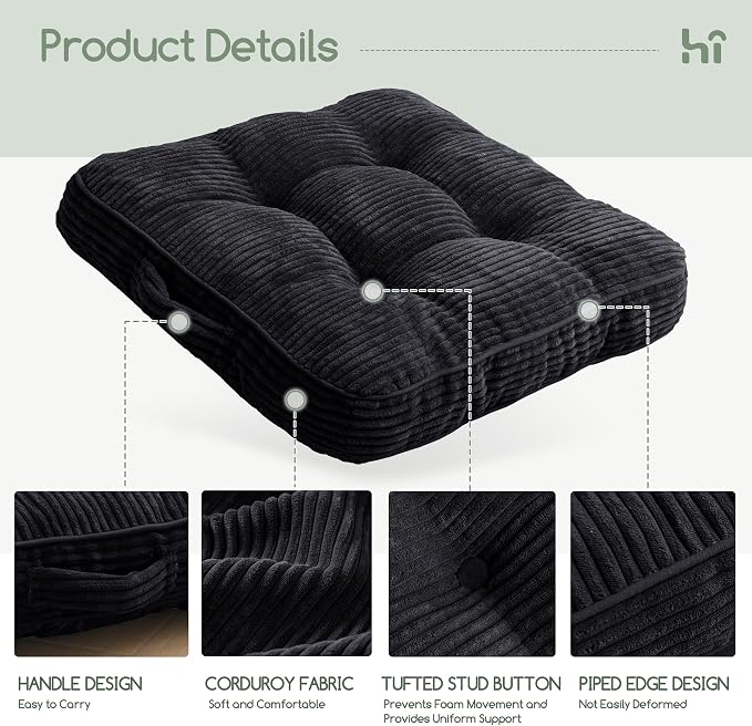 HIGOGOGO Floor Pillow Cushion for Adults, Meditation Cushion Pillow, Large Square Floor Sitting, Tufted Corduroy Cover, for Tatami Living Room or Yoga, 22x22 Inch, Black
