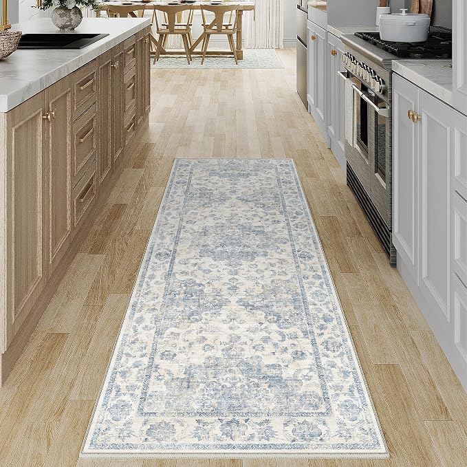 2x6 Washable Neutral Runner Rug Blue Vintage Hallway Kitchen Carpet Non-Slip Soft Low Pile Farmhouse Throw Rug for Bedroom Bathroom Laundry Living Room