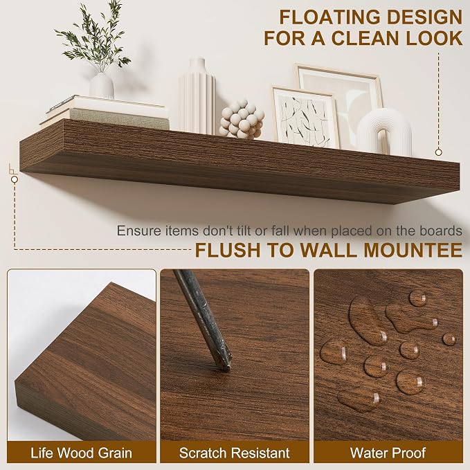 Fun Memories Floating Shelves for Wall, 32Inch Floating Shelves Set of 2, Hanging Shelf with Invisible Brackets, Wood Shelves for Living Room, Bedroom, Kitchen, Walnut