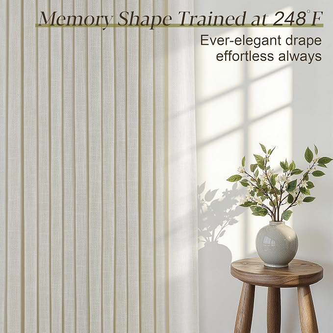 Pinch Pleated Thick Linen Curtains 90 Inch Length 2 Panels Set for Living Room Warm Beige Neutral Pleated Curtains Semi Sheer Light Filtering Privacy Bedroom Window Drapes