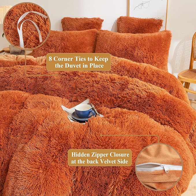 XeGe Fluffy Faux Fur Duvet Cover Set, Luxury Ultra Soft Plush Shaggy Terracotta Bedding Set 3 Pieces Velvet(1 Fuzzy Comforter Cover + 2 Furry Pillow Cases), Zipper Closure (Queen, Burnt Orange)