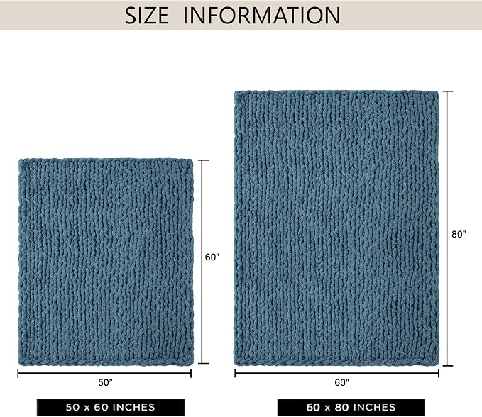 Chunky Knit Throw Blanket 60x80, 100% Handmade Chenille Yarn | 6.7lbs Soft Thick Cable Knitted Blankets, Large Rope Knot Crochet Throws for Couch Sofa Bed Machine Washable, Lyons Blue