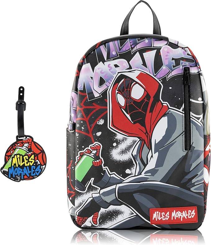Marvel Miles Morales Spiderman Backpack for Teens | 16" Saffiano Leather School Bookbag with Rubber Luggage Tag | Spiderman Backpack for Boys, Girls, Unisex | Officially Licensed Marvel
