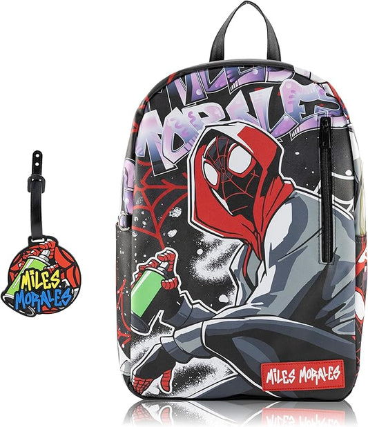 Marvel Miles Morales Spiderman Backpack for Teens | 16" Saffiano Leather School Bookbag with Rubber Luggage Tag | Spiderman Backpack for Boys, Girls, Unisex | Officially Licensed Marvel
