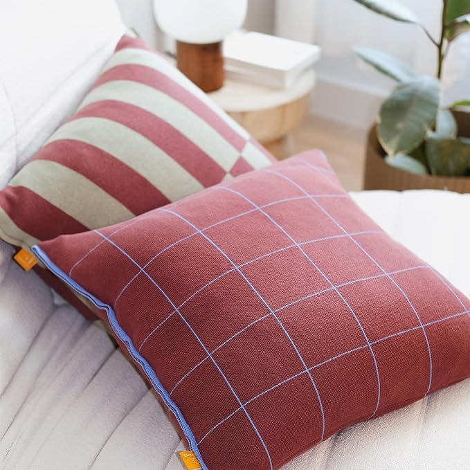 100% Soft Cotton Knitted Modern Window Pane Pillow Cover 18x18 (Burgundy, Maroon, & Vintage Wine)
