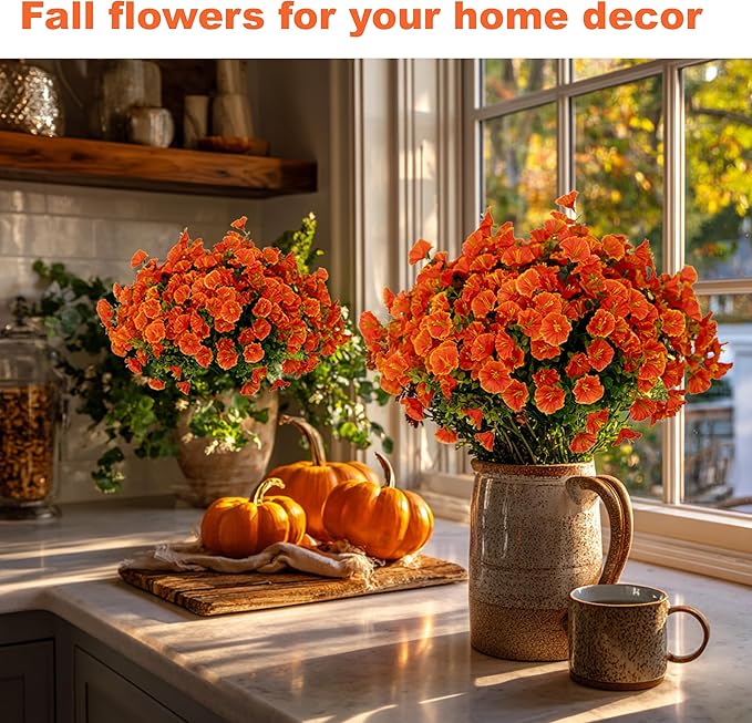 AXYLEX Artificial Fall Flowers Outdoor Fake Mums - 16 Bundles Fake Plants UV Resistant No Fade Faux Plastic Greenery Garden Morning Glory Home Decor (1, Orange)