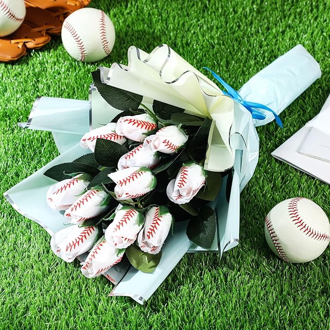 Suhine 6 Pcs Artificial Baseball Rose Flowers Sports Party Favors Bulk for Birthday Graduation Wedding Party Decorations Table Centerpieces Game Prizes Senior Night Gifts(Baseball Color, Normal)