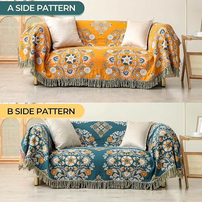 Boho Throw Blanket for Bed,100% Cotton Ultra Soft Lightweight Muslin 4-Layer Breathable Woven Throws 60''x 80'' Blanket Yellow Floral Printed Farmhouse Decor Bed Blankets