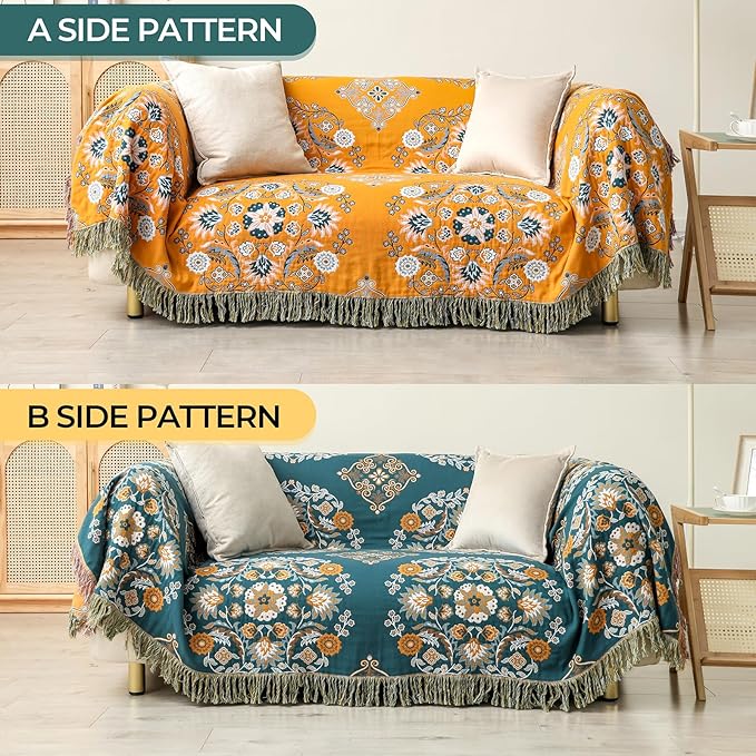 Boho Throw Blanket for Bed,100% Cotton Ultra Soft Lightweight Muslin 4-Layer Breathable Woven Throws 90''x 98'' Blanket Yellow Floral Farmhouse Decor Bed Blankets