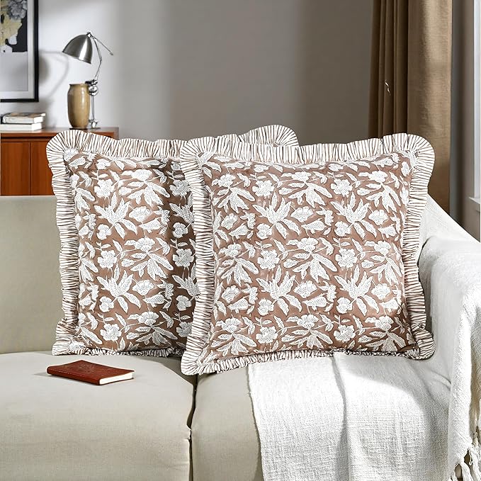 Ridhi Oak Brown Modern Farmhouse Pillow 16x16 Covers Block Print Cotton Throw Pillow Cover Set of 2 Cushion Covers with Ruffle for Couch Sofa Bed Living Room Decor Spring Easter