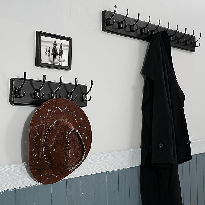 WEBI Coat Rack Wall Mount,10 Hooks,38 9/16" Long Coat Hooks Wall Mounted,16" Hole to Hole,Large Wood Coat Hanger Wall,Hook Rack for Hanging Coats,Jacket,Clothes,Hats,Black,2 Packs