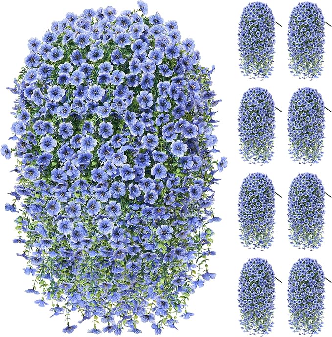 Artificial Hanging Flowers for Outdoors Spring Summer Decoration, 8PCS UV Resistant Silk Fake Hanging Plants for Patio Porch Front Yard Window Garden Indoor Decor(Blue,8PCS)