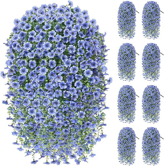 Artificial Hanging Flowers for Outdoors Spring Summer Decoration, 8PCS UV Resistant Silk Fake Hanging Plants for Patio Porch Front Yard Window Garden Indoor Decor(Blue,8PCS)