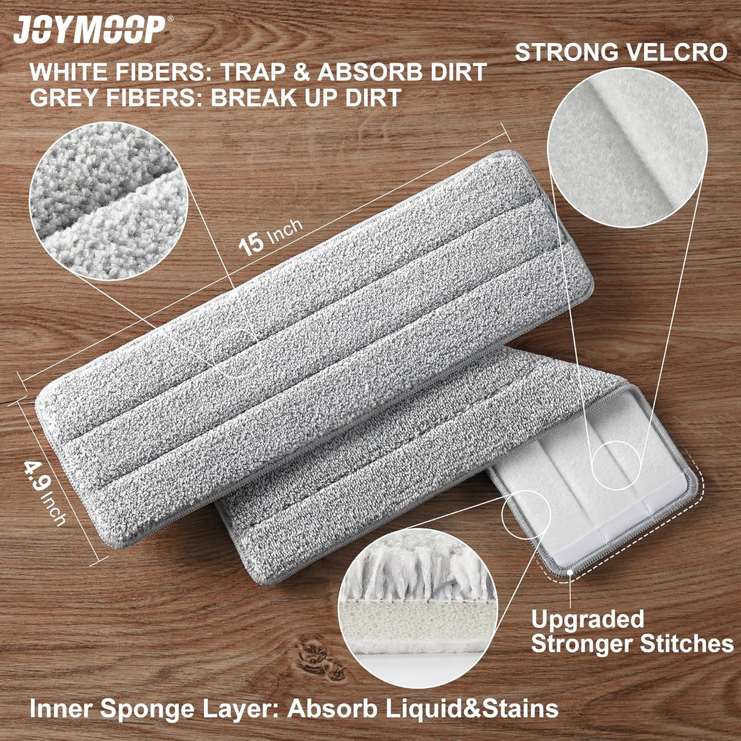 JOYMOOP Flat Mop Pads, Microfiber Mop Cleaning Pads, Washable Pads, Pads Replacement for JOYMOOP Flat Mop or Mop Bucket Set, Pack of 4 Refills 15inch - Grey and Stripe