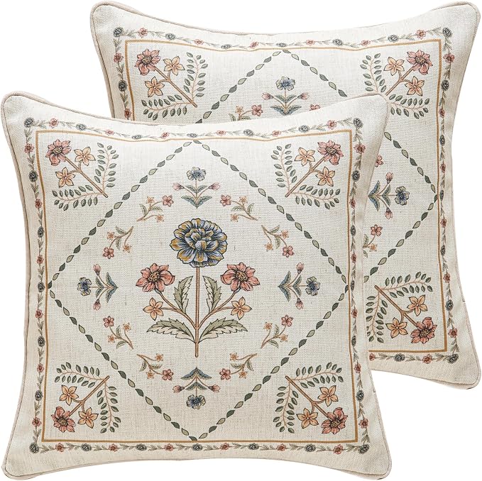 ISAENNE Designer Linen Throw Pillow Cover,Set of 2,18"x18"-Cornucopia B | Elegant French Square Pillow Cover,Concealed Zipper Design,Floral Pattern,Sofas,Bedroom,Living Room,Lounge Chairs