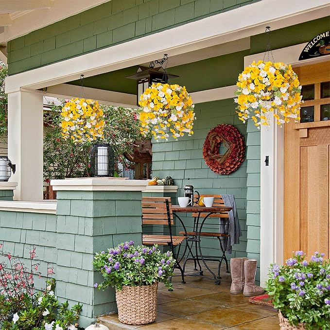 HyeFlora Artificial Fake Hanging Flower Plants Basket for Outdoors Decoration, Faux Silk Hibiscus Long Vines in Planter UV Resistant Realistic Flowers for Outside Patio Porch Home Decor (YellowWhite)