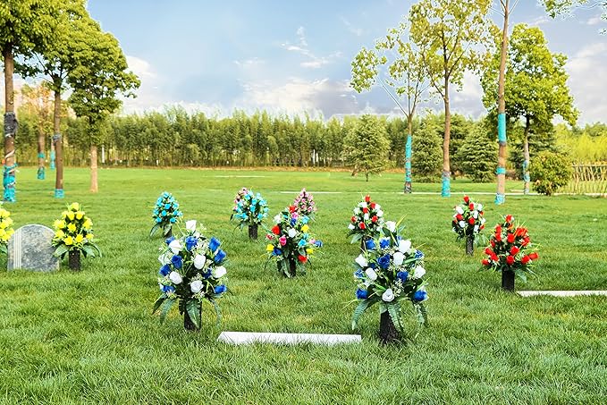 LVXINLI 2 Sets Artificial Cemetery Flowers,Outdoor Grave Decorations Roses,Beautiful Arrangements Bouquet with Cemetery Vase,Lasting and Non-Bleed Colors (White+Dark Blue)