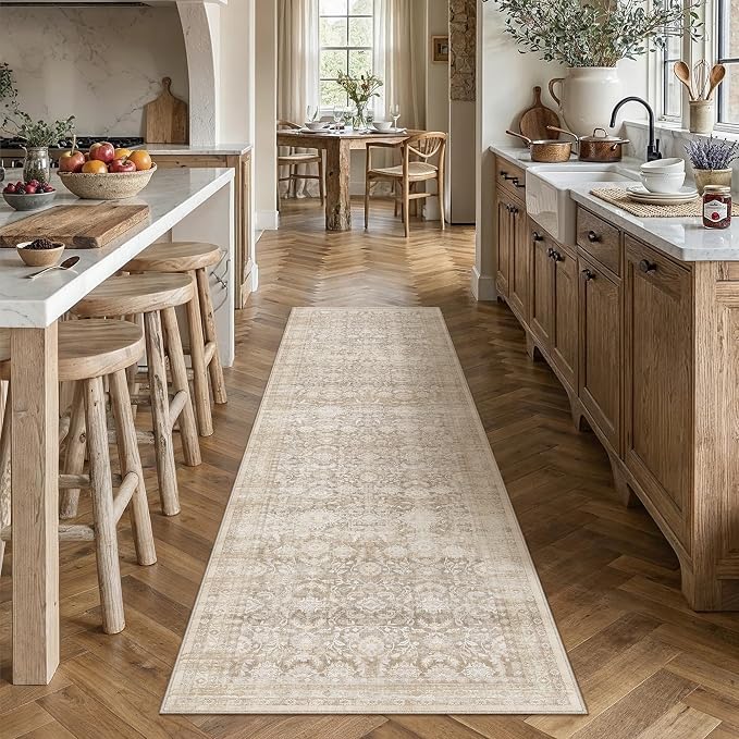 3x8 Beige Washable Neutral Runner Rug for Living Room Floral Non Slip Low Pile Runner Indoor Vintage Traditional Stain Resistant Distressed Carpet Kitchen Bedroom Dining Room Hallway Bathroom