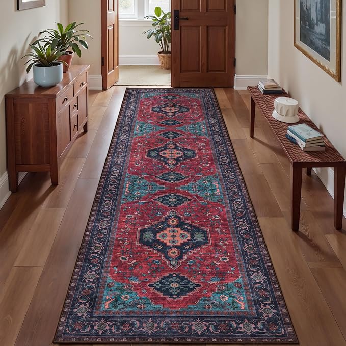 Tangsoo 2.6x10 Washable Hallway Runner Rug, Non Slip Vintage Runner Rug for Hallways, Soft Low Pile Long Rug Runner Print Distressed Carpet Runners for Kitchen Entryway Living Room Burgundy/Navy