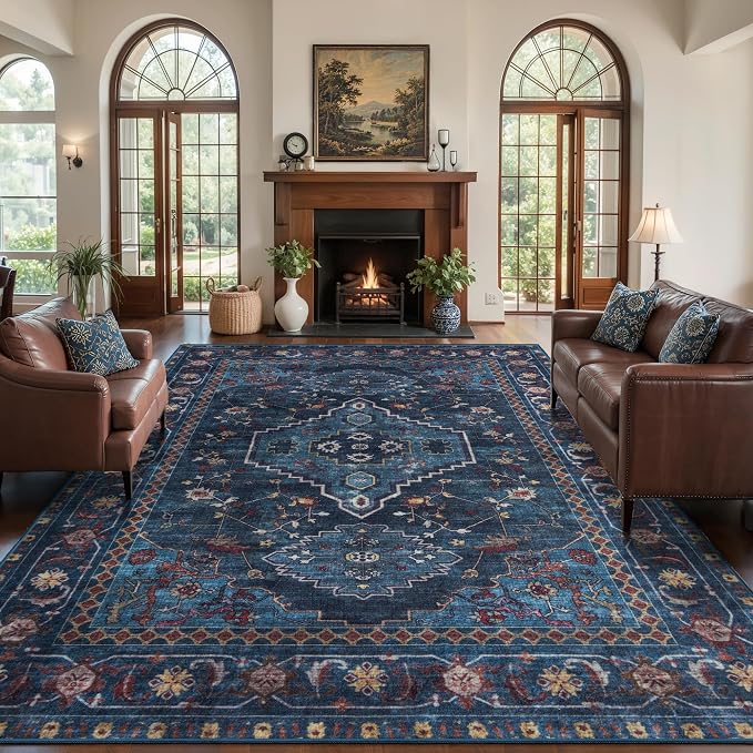 Tangsoo Blue Vintage 5X7 Washable Area Rug, Oriental Indoor Dining Room Rugs for Under Table, Non Slip Machine Washable Large Tumble Rug, Soft Low Pile Foldable Carpet for Bedroom Living Room