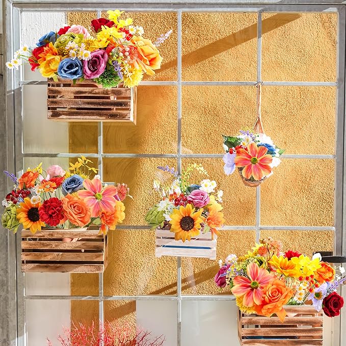Artificial Flowers Combo Box, 31PCS Fake Flowers, Silk Flower Mix with Wire Stem, DIY Wedding Bridal Bouquet for Arrangement, Shower Party Home Décor, Warm Rainbow