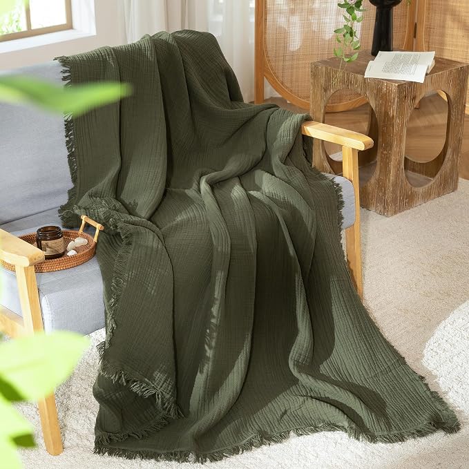 MooMee Muslin Blanket - 100% Cotton 4-Layer Gauze Throw Blanket with All-Around Fringe, Soft Breathable Lightweight Cooling Summer Blankets for Bed Couch (Olive Green,Oversize Queen 98" x 98")