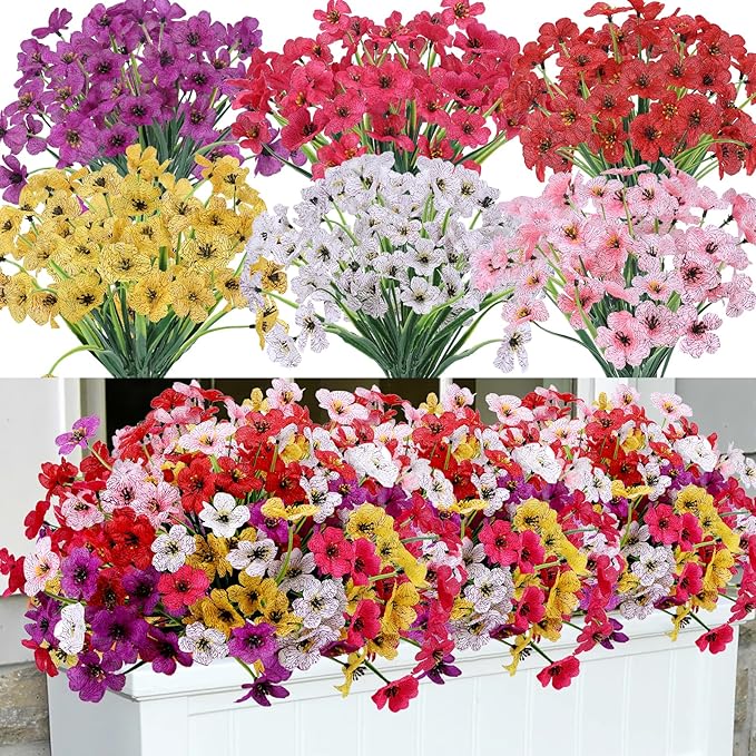 Geegoods Artificial Mums Flowers for Outdoors, 12 Bundles UV Resistant Fake Plastic Colorful Mix Flowers for Patio Porch Spring Summer Decor